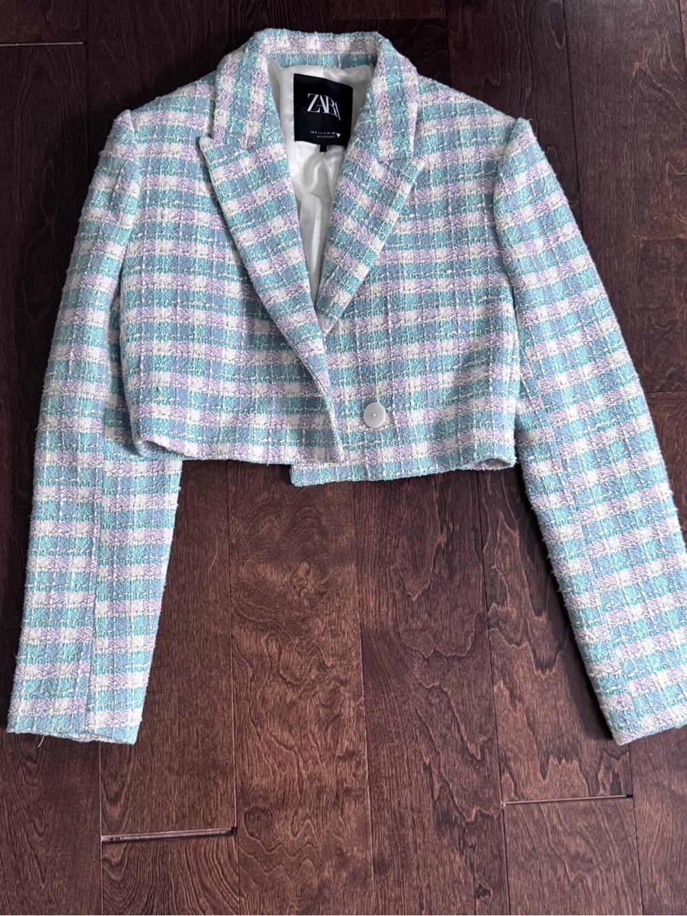 Zara Cropped Tweed Blazer - Mint, Lavender & White Plaid